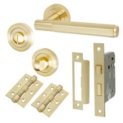 Altro Satin Brass Hexagonal Bathroom Lock Door Handles on Rose Pack - Juno Range