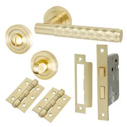 Altro Satin Brass Diamond Bathroom Lock Door Handles on Rose Pack - Luna Range