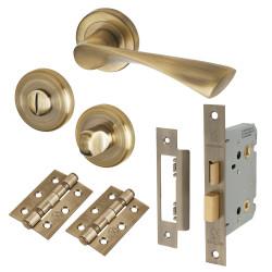 Altro Antique Brass Bathroom Lock Door Handles on Rose Pack - Knightsbridge Range