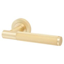 Jedo Satin Brass Fire Rated Knurled Door Handles on Round Rose - Bari Range