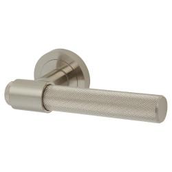 Altro Satin Nickel Knurled Door Handles on Round Rose - Esme Range