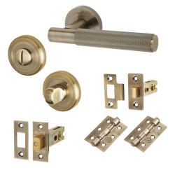 Altro Antique Brass Knurled Bathroom Deadbolt Lock Door Handles on Rose Pack - Remi Range