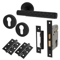 Altro Matt Black Honeycomb Euro Lock Door Handles on Rose Pack - Cara Range