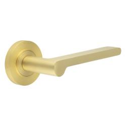 Burlington by Frelan Satin Brass Fire Rated Door Handles on Round Rose - Fitzrovia Range