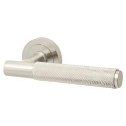Altro Satin Nickel Knurled Door Handles on Round Rose - Remi Range