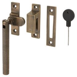 Hampstead Willow Knurled Locking Mortice & Hook Plate Window Fastener - Reversible - Antique Brass
