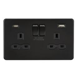 Knightsbridge 13A 2 Gang Screwless Type A/C USB Socket with 2 x USB - 4A - Matt Black/Black