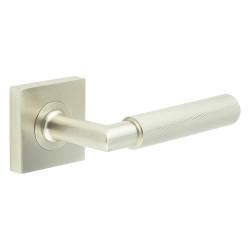 Burlington by Frelan Satin Nickel Knurled Fire Rated Door Handles on Square Rose - Piccadilly Range