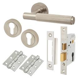 Altro Satin Nickel Knurled Euro Lock Door Handles on Rose Pack - Remi Range