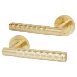 Altro Satin Brass Diamond Door Handles on Round Rose - Luna Range