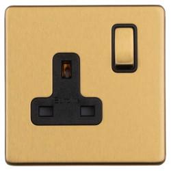 Eurolite Concealed 13A 1 Gang Screwless Flat Plate DP Switched Socket - Satin Brass/Black