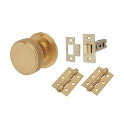 Hampstead Satin Brass Lines Mortice Door Knobs Pack - 62mm Rose Diameter - Riley Range