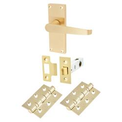 Touchpoint Satin Brass Budget Straight Latch Door Handles Pack - Short Plate