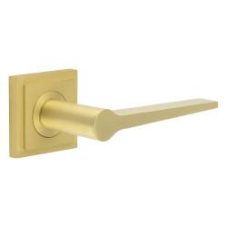Burlington by Frelan Satin Brass Fire Rated Door Handles on Square Stepped Rose - Knightsbridge Range