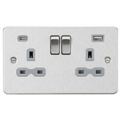 Knightsbridge 13A 2 Gang Flat Plate Type A/C USB Socket with 2 x USB - 4A - Brushed Chrome/Grey