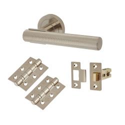 Altro Satin Nickel Knurled Latch Door Handles on Rose Pack - Orla Range