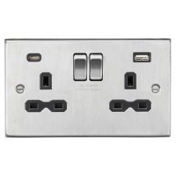 Knightsbridge 13A 2 Gang Square Edge Type A/C USB Socket with 2 x USB - 4A - Brushed Chrome/Black