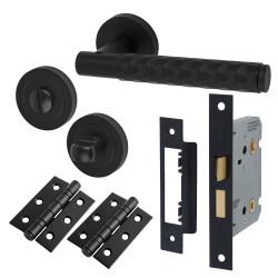 Altro Matt Black Honeycomb Bathroom Lock Door Handles on Rose Pack - Cara Range
