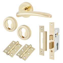 Touchpoint Polished Brass Euro Lock Door Handles on Rose Pack - Eloise Range