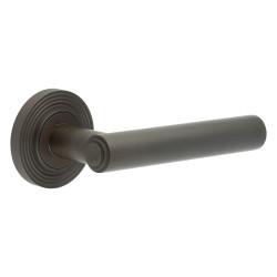 Burlington by Frelan Dark Bronze Fire Rated Door Handles on Round Reeded Rose - Richmond Range