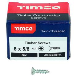 TIMCO Twin Threaded Pozi Countersunk Wood Screws - 6 x 5/8" - Zinc Plated - Pack of 200