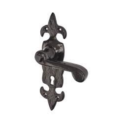 Olde Forge Metalized Antique Black Iron Scroll Keyhole Lock Door Handles - Fleur de Lys - 210 x 55mm