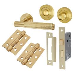 Altro Satin Brass Knurled Bathroom Lock Door Handles Pack - Remi Range