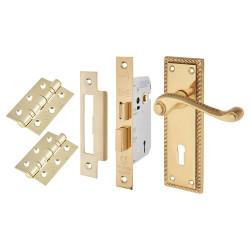 Touchpoint Polished Brass Georgian Rope Edge Scroll 3 Lever Sashlock Door Handles Pack