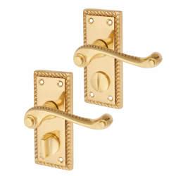 Touchpoint Polished Brass Georgian Scroll Privacy Door Handles - Short Plate - 117 x 45mm