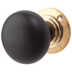 Olde Forge Ebony Knob & Polished Brass Rose Bun Mortice Door Knob - 57mm Rose Diameter
