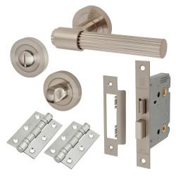 Altro Satin Nickel Lines Bathroom Lock Door Handles on Rose Pack - Eva Range