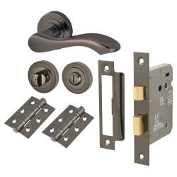 Touchpoint Black Nickel Scroll Bathroom Lock Door Handles on Rose Pack - Scarlett Range