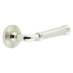Burlington by Frelan Polished Nickel Fire Rated Door Handles on Round Reeded Rose - Highgate Range