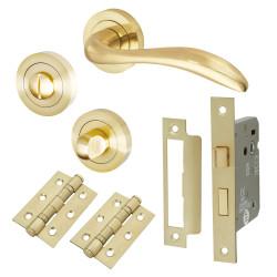Altro Satin Brass Bathroom Lock Door Handles on Rose Pack - Sussex Range