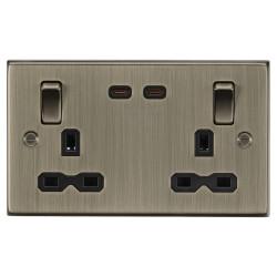 Knightsbridge 13A 2 Gang Square Edge Type C 65W Fastcharge USB Socket with 2 x USB - Antique Brass