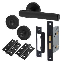 Altro Matt Black Knurled Bathroom Lock Door Handle on Rose Pack - Orla Range