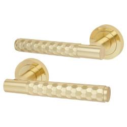 Altro Satin Brass Honeycomb Door Handles on Round Rose - Cara Range