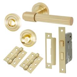 Altro Satin Brass Lines Bathroom Lock Door Handles on Rose Pack - Eva Range