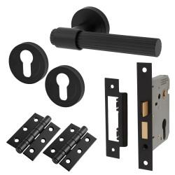 Altro Matt Black Lines Euro Lock Door Handles on Rose Pack - Eva Range