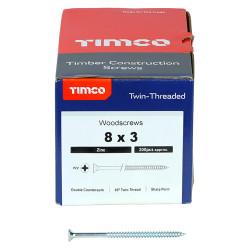 TIMCO Twin Threaded Pozi Countersunk Wood Screws - 8 x 3" - Zinc Plated - Pack of 200