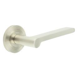 Burlington by Frelan Satin Nickel Fire Rated Door Handles on Round Reeded Rose - Fitzrovia Range