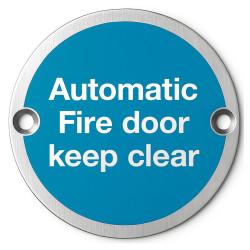 Altro Light Blue Automatic Fire Door Keep Clear Door Sign - 75mm Diameter - Satin Stainless Steel