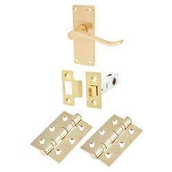 Touchpoint Satin Brass Budget Scroll Latch Door Handles Pack - Short Plate