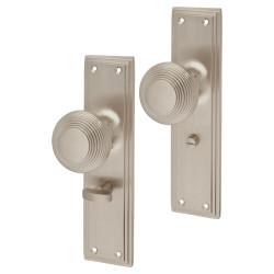 Hampstead Satin Nickel Reeded Bathroom Mortice Door Knob on Backplate - 205 x 52mm - Miller Range