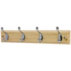 Touchpoint Hat & Coat Hook Rail - 400 x 20 x 71mm - 4 Hooks - Pine Board with Polished Chrome Hooks