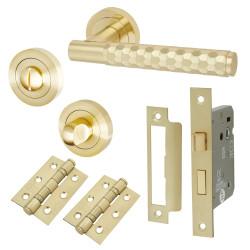 Altro Satin Brass Honeycomb Bathroom Lock Door Handles on Rose Pack - Cara Range