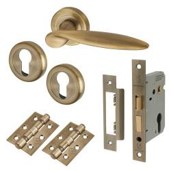 Altro Antique Brass Euro Lock Door Handles on Rose Pack - Lancaster Range