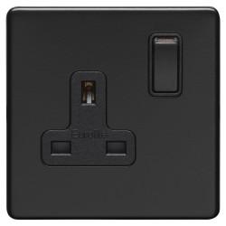 Eurolite Concealed 13A 1 Gang Screwless Flat Plate DP Switched Socket - Matt Black/Black