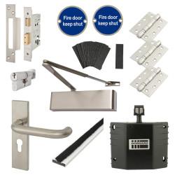 Heavy Duty Euro Lock Door Handle on Backplate Fire Door Kit & Dorgard Holder - Stainless Steel