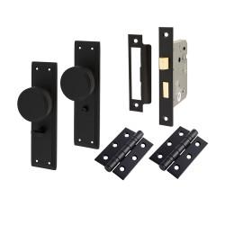 Hampstead Matt Black Knurled Bathroom Lock Mortice Door Knobs on Backplate Pack - Miller Range - 205 x 52mm
